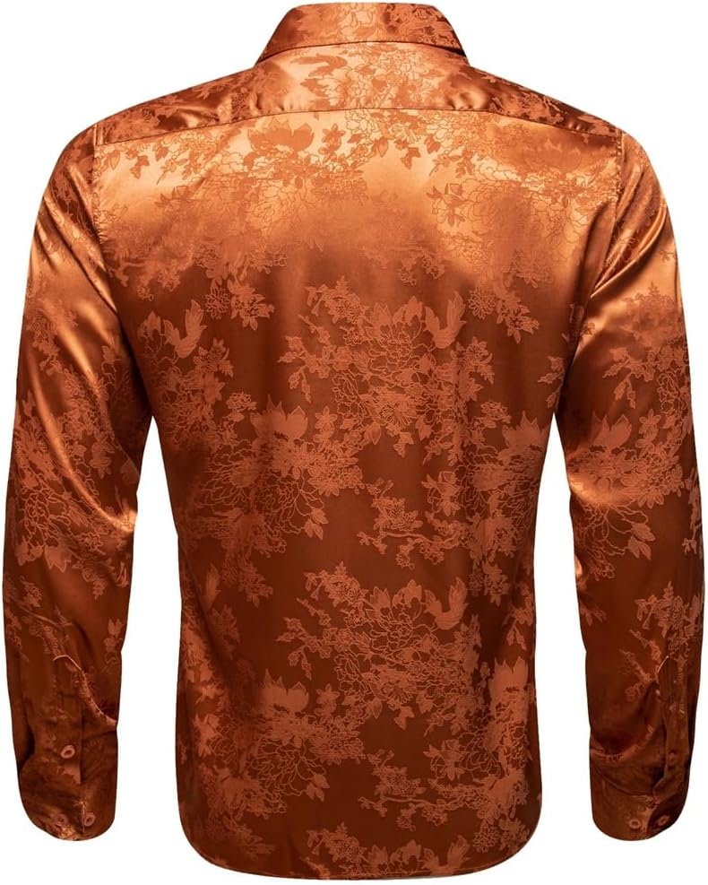 Satin Long Gold Flower Male Blouses Casual Lapel Tops Breathable Streetwear