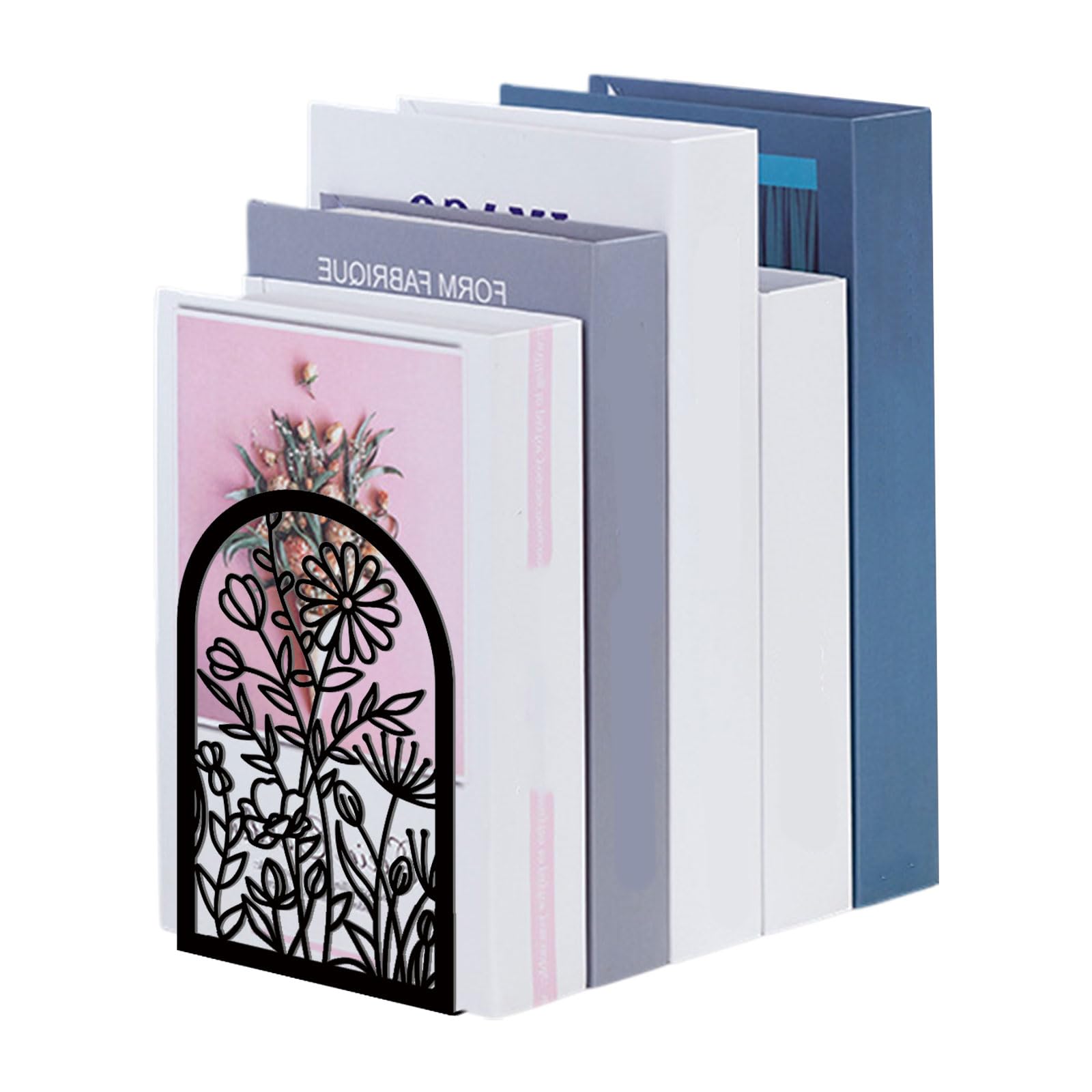Fermalibri in metallo robusto e resistente con design decorativo a forma di fiore, colore: nero, per casa e ufficio, eleganti fermalibri per mensole e decorazioni da scrivania