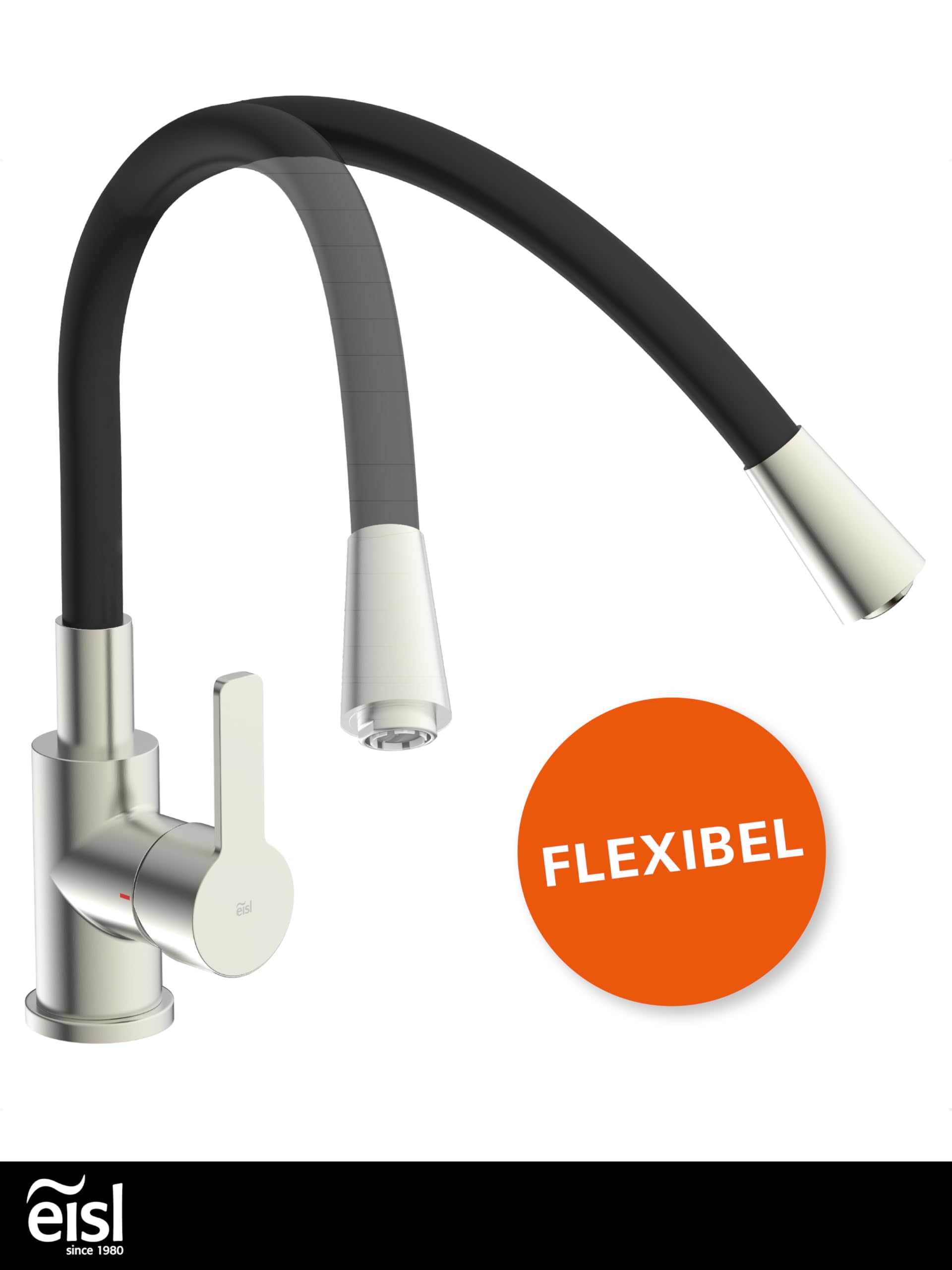 EISL Flexo Edelstahl/Schwarz Flexible Spültischarmatur Niederdruck, biegsamer Wasserhahn für die Küche, mit Soft-Touch-Schlauch, 360 Grad schwenkbar, Wasserhahn Küche flexibel, NI186FLNIB-LPU