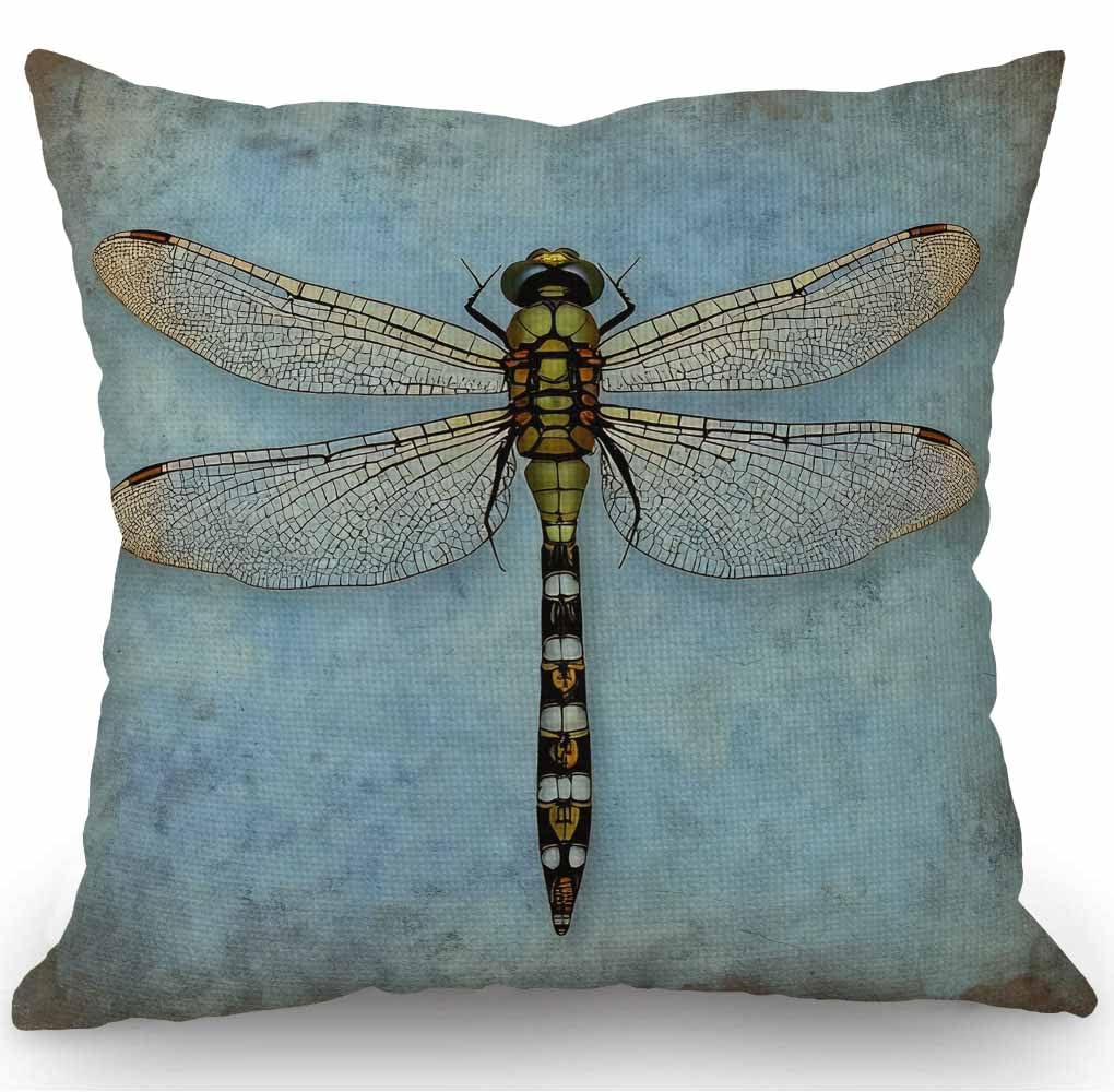 SSOIU Cotton Linen Home Decorative Dragonfly Grunge Blue Vintage Wings Dragon Throw Pillow Case Cushion Cover for Sofa Couch 18x18 inches