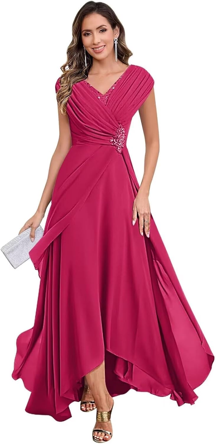 Chiffon Mother of The Bride Dress V-Neck Beading Sleeveless High Low Formal Evening Gowns for Wedding JH027