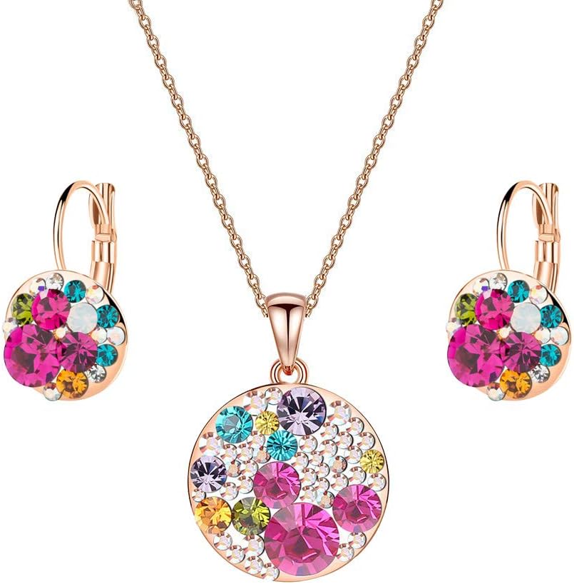 EVEVIC Austrian Crystals Round Disc Pendant Necklace Earrings for Women 14K Gold Plated Hypoallergenic Jewelry Sets