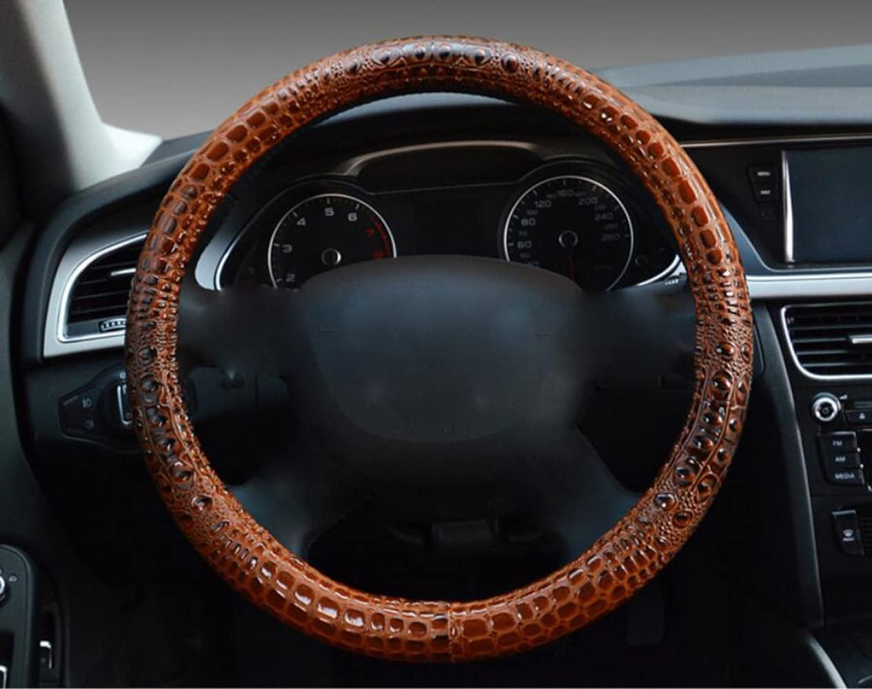 GZE Comfort Leather 38Cm/15 Inch Universal Steering Wheel Cover Crocodile Pattern for Four Season Auto Interior Supplies Car Wheel Covers (Brown)