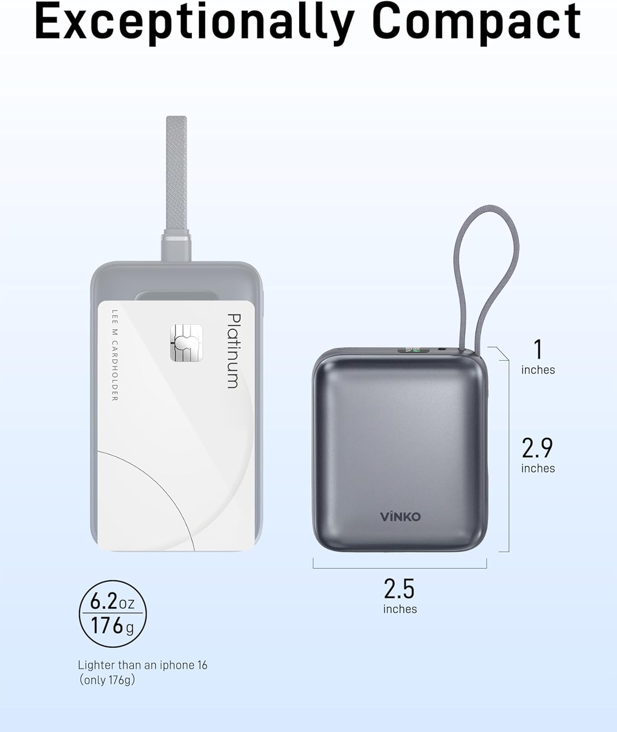 VINKO Small Portable Charger, 22.5W Fast Charging Mini Power Bank 10000mAh with Built-in Cables, Travel Essential USB-C Battery Pack Compatible with iPhone 17/16/15, Samsung S25/24, Android (Gray) - Image 2