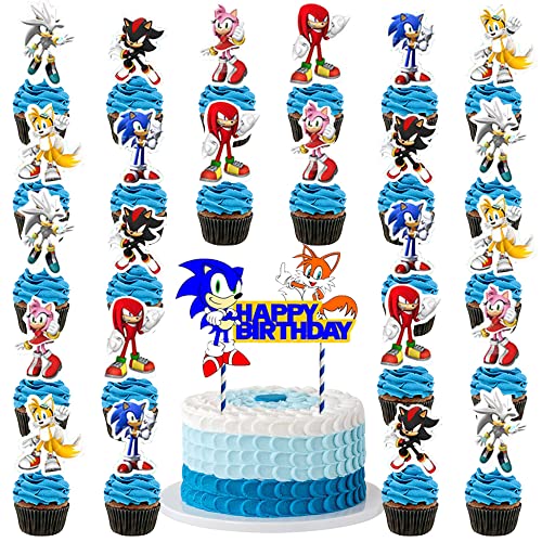 25-teiliges Sonic-Kuchenaufsatz-Set, die Igel-Geburtstagstortendekoration mit 1 Kuchenaufsatz, 24 Cupcake-Aufsätze, Sonic Party Kuchendekoration Zubehör Cover