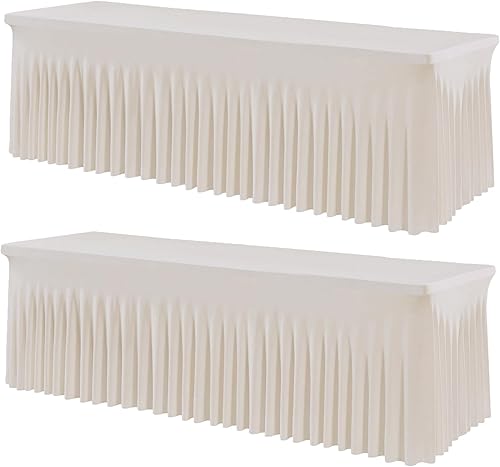 Paquete de 2 manteles de elastano marfil para mesas rectangulares de 8 pies, manteles elásticos de 8 pies con falda para fiestas, bodas, cumpleaños,