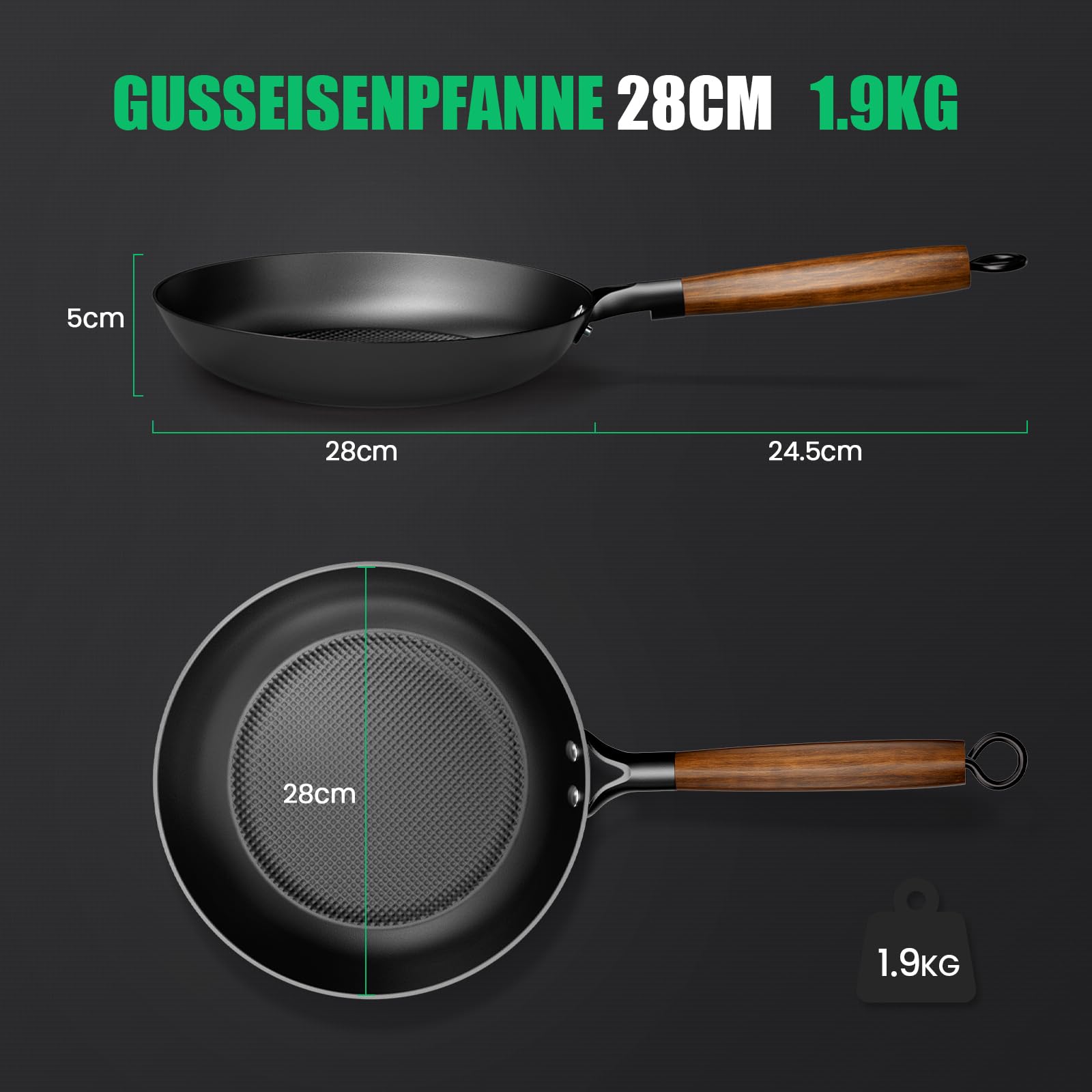 YUTANN Gusseisenpfanne 28 cm mit Deckel, Bratpfanne Induktion Gasgrill
