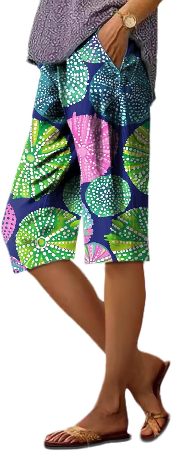 Capris Pants for Women Loose Fit Oversized Retro Elegent Vintage Floral Mid Rise Bermuda Shorts with Pockets