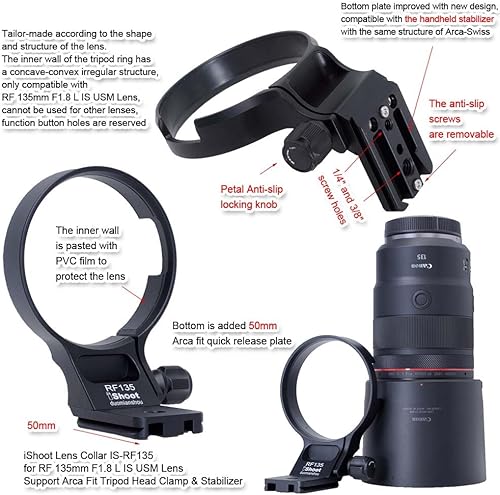 Miniatura 4 de Anillo de montaje de trípode de collar de lente de metal compatible con Canon RF 5.315 in f1.8 L IS USM y estabilizador Arca Fit, soporte de lente