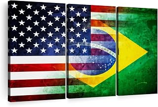 ElephantStock USA Brazil Bond Wall Art - Horizontal Canvas - 3-Piece Living Room Wall Decor - Grunge Digital Art Canvas Print - Green and White Decor for Wall - 65" X 42"