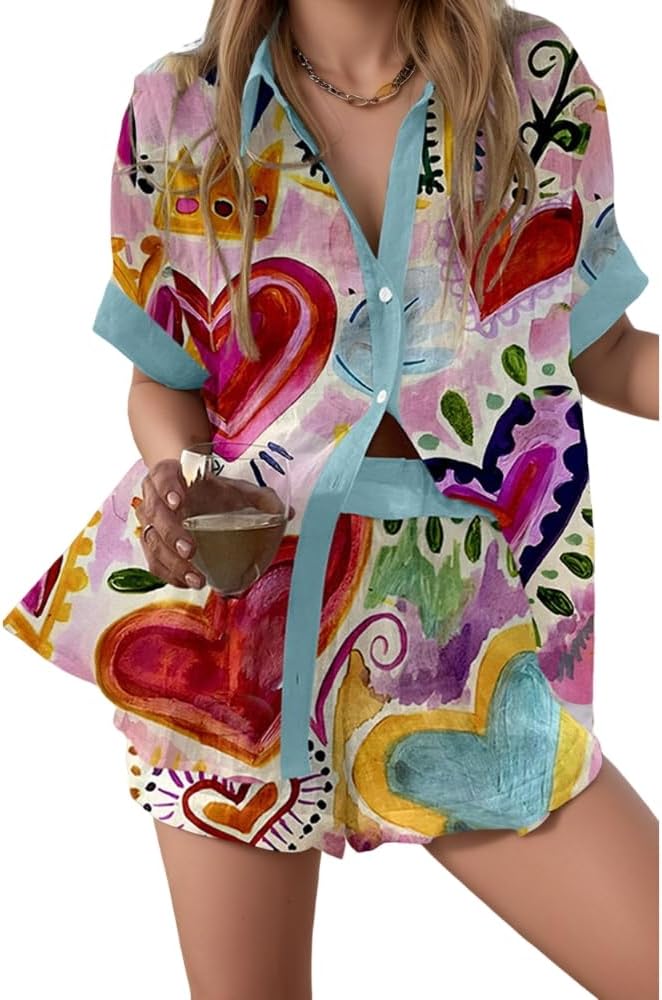Akivide Women's Summer Graffiti Graphic Beachwear 2 Piece Set Hawaiian Short Sleeve Button Down Shirt and Casual Shorts