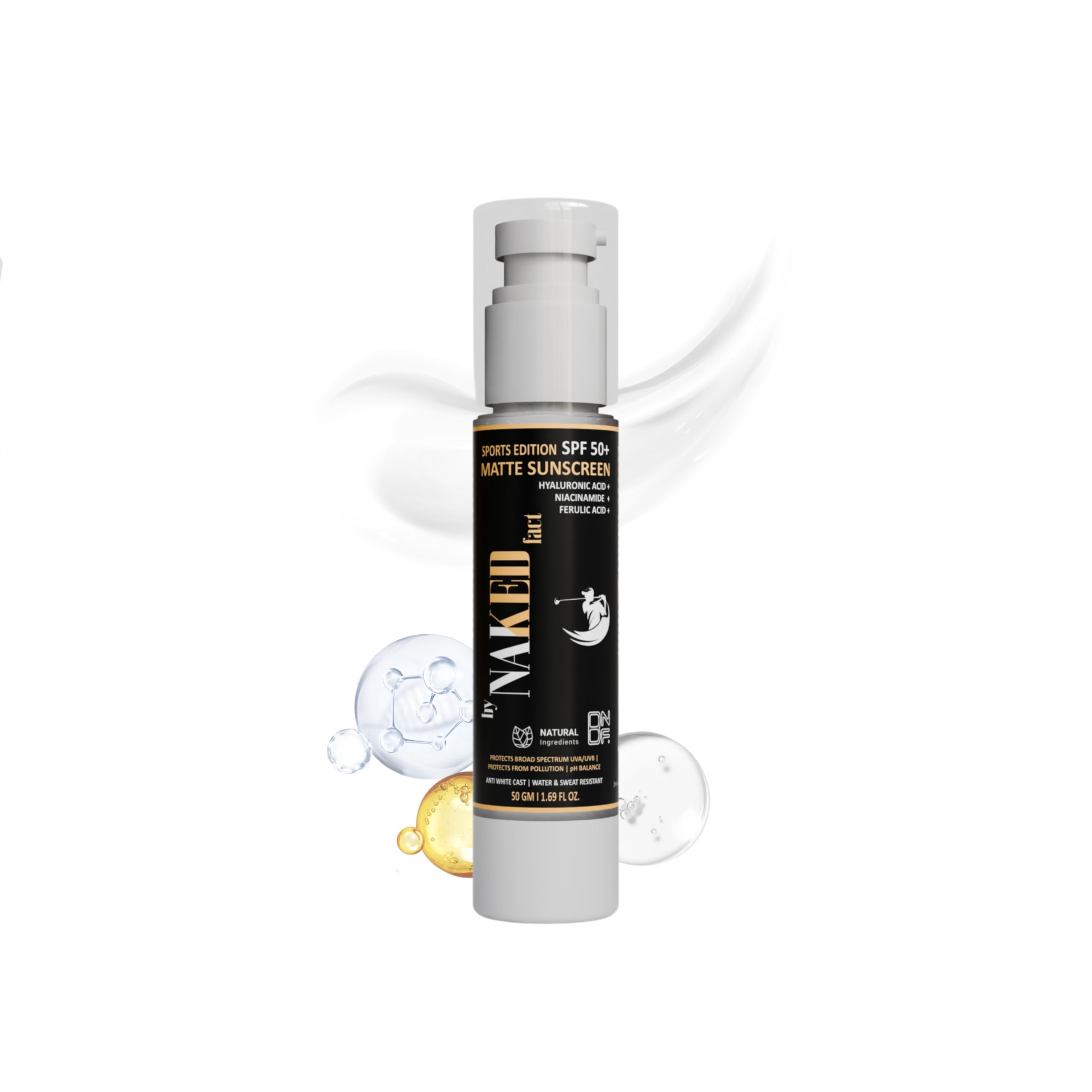 By Naked Fact Sunscreen for Men & Women | Sun Screen spf 50 for Men | Sports-Focused Matte Protects From Polution With Ferulic Acid, Niacinamide & Hyaluronic Acid, For Bright Skin | 50 gms | UNISEX