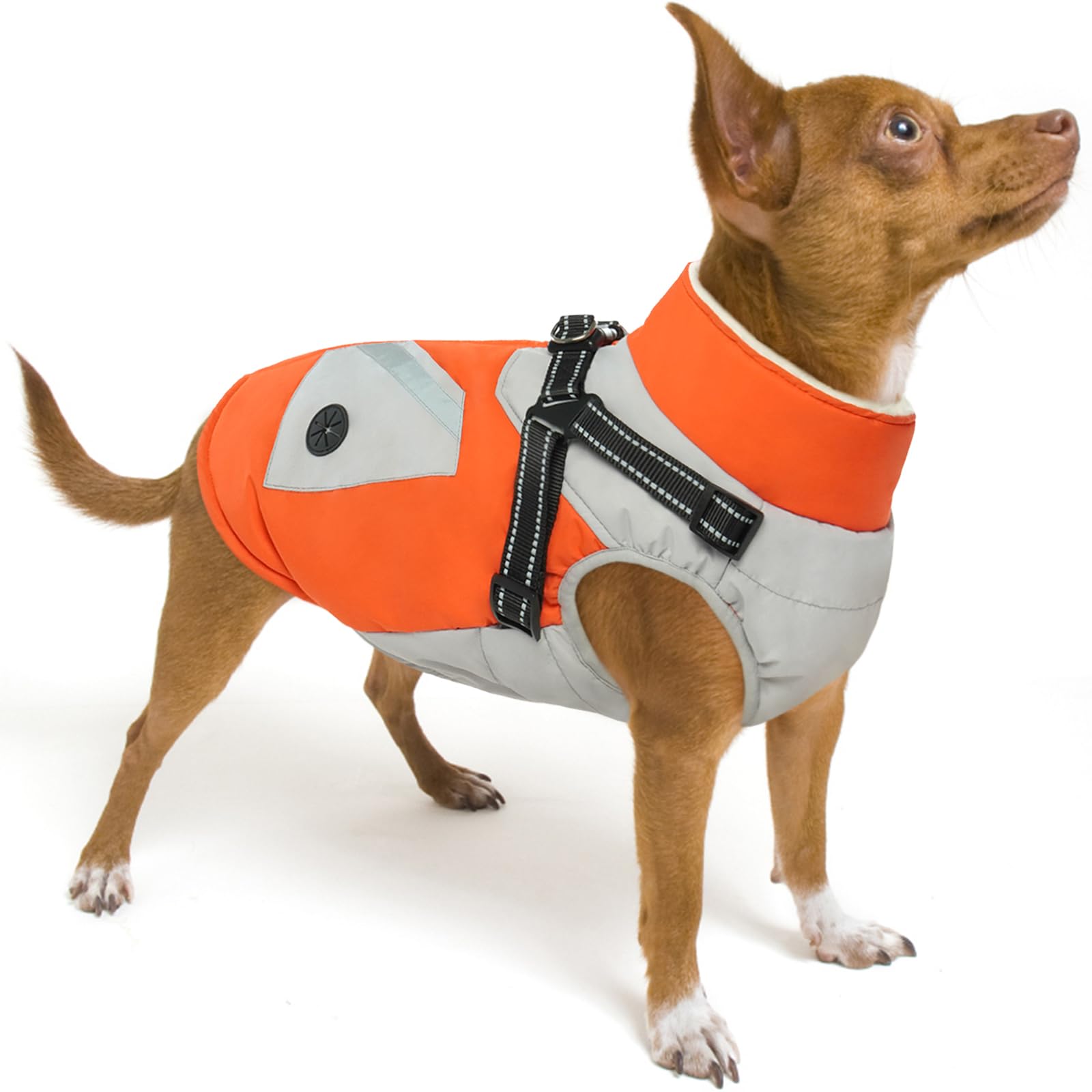 FUAMEY Dog Jackets-Dog Coat with Harness Built in-Waterproof Dog Jacket-Dog Winter Coat with Zipper On Back-Snowsuit Pet Clothes with Pockets-Reflective Dog Vest for Small Dogs Orange S