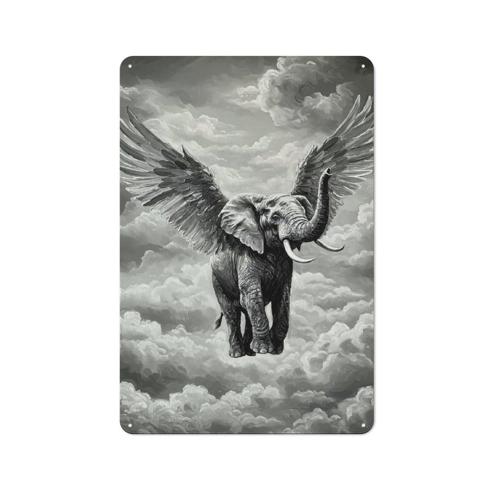 Junmoney Winged Elephant In Cloudy Sky Tin Wall Plaque 30X20cm With For Hobby Room Or Studio, For Metal Sign Collectors, For Kitchen And Home Bar Decor