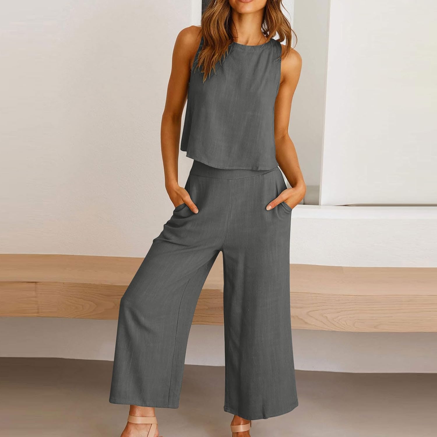 Linen Sets For Women 2 Piece Trendy Sleeveless Crop Top Wide Leg Pants Lounge Summer Outfits Beach Travel Set - Image 7