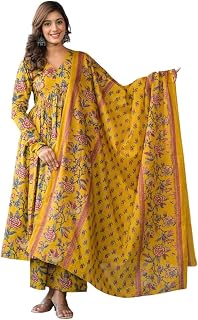 MITZO Women's Rayon Printed Anarkali Kurta and Pant with Dupatta Set, Kurta Set Price In India