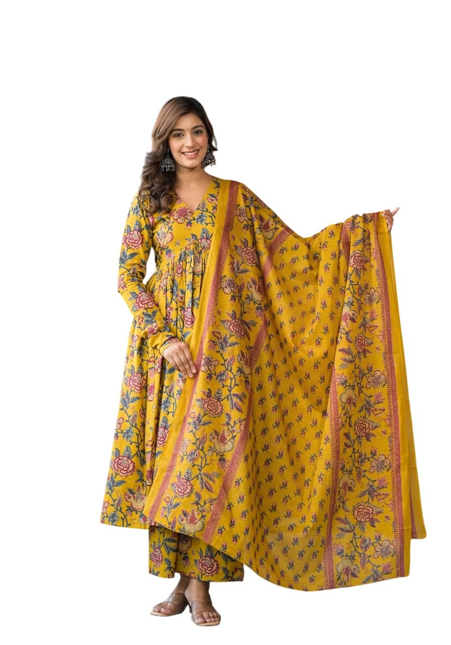 MITZO Women’s Rayon Printed Anarkali Kurta and Pant with Dupatta Set, Kurta Set