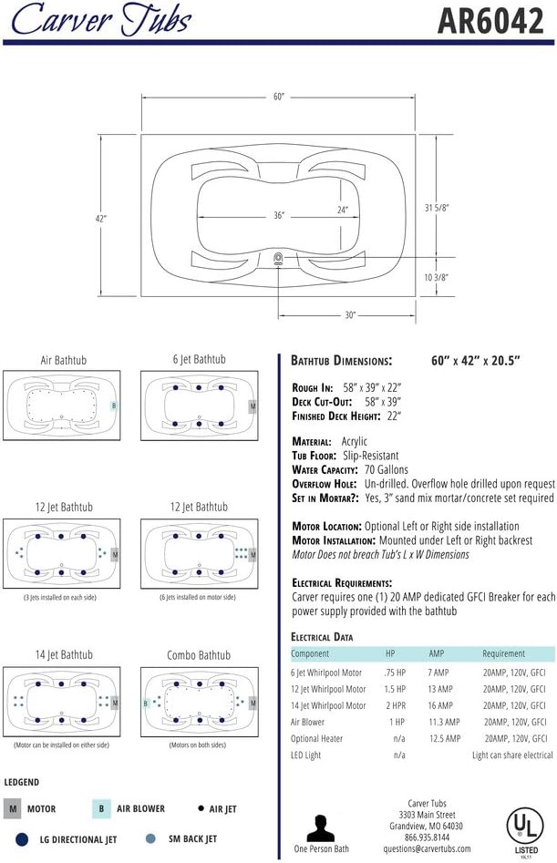 Carver Tubs - AR6042 - Modern Acrylic Fiberglass Soaking Bathtub - w/Spacious Interior - White Acrylic Rectangle Tub, Modern Built-in w/Armrest - Deep Relaxing Soak - 60"L x 42"W x 20.5"H