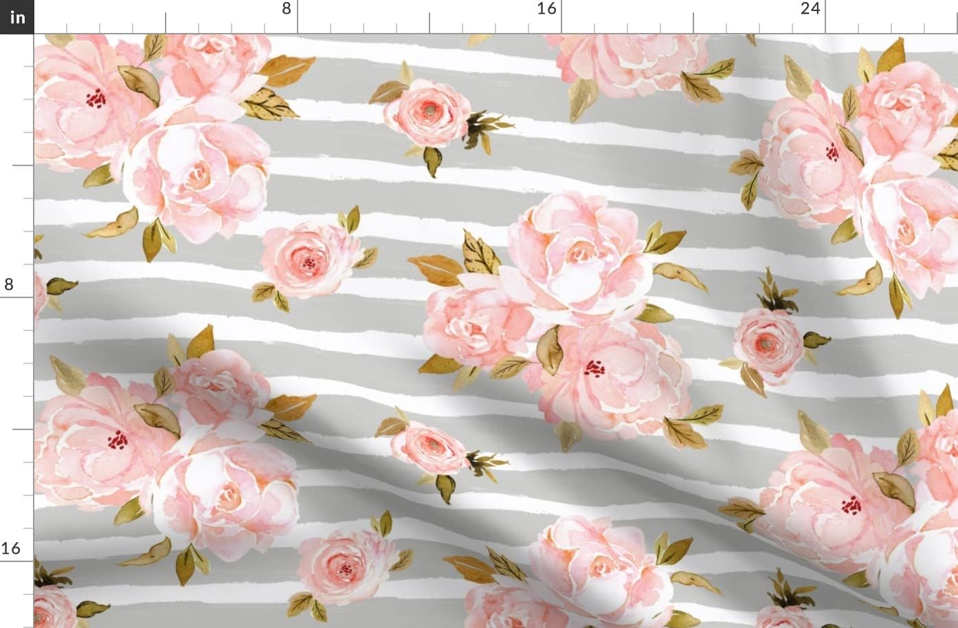 Spoonflower Fabric - Blush Rose Gray Stripe Roses White Pink Striped Floral Flowers Printed on Denim Fabric by The Yard - Bottomweight Apparel Home Decor Upholstery