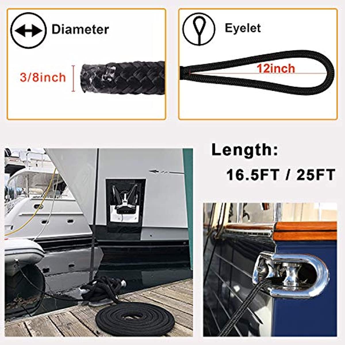 Bootsleine 2/4er-Pack doppelt geflochtene Dockleinen aus Nylon, Marine-Festmacherseil, 3/8 1/2 Bootsbinder zur Dockleine, 12 Zoll Ösen-Bootsankerseil(1-2inch 25ft 2PCS)