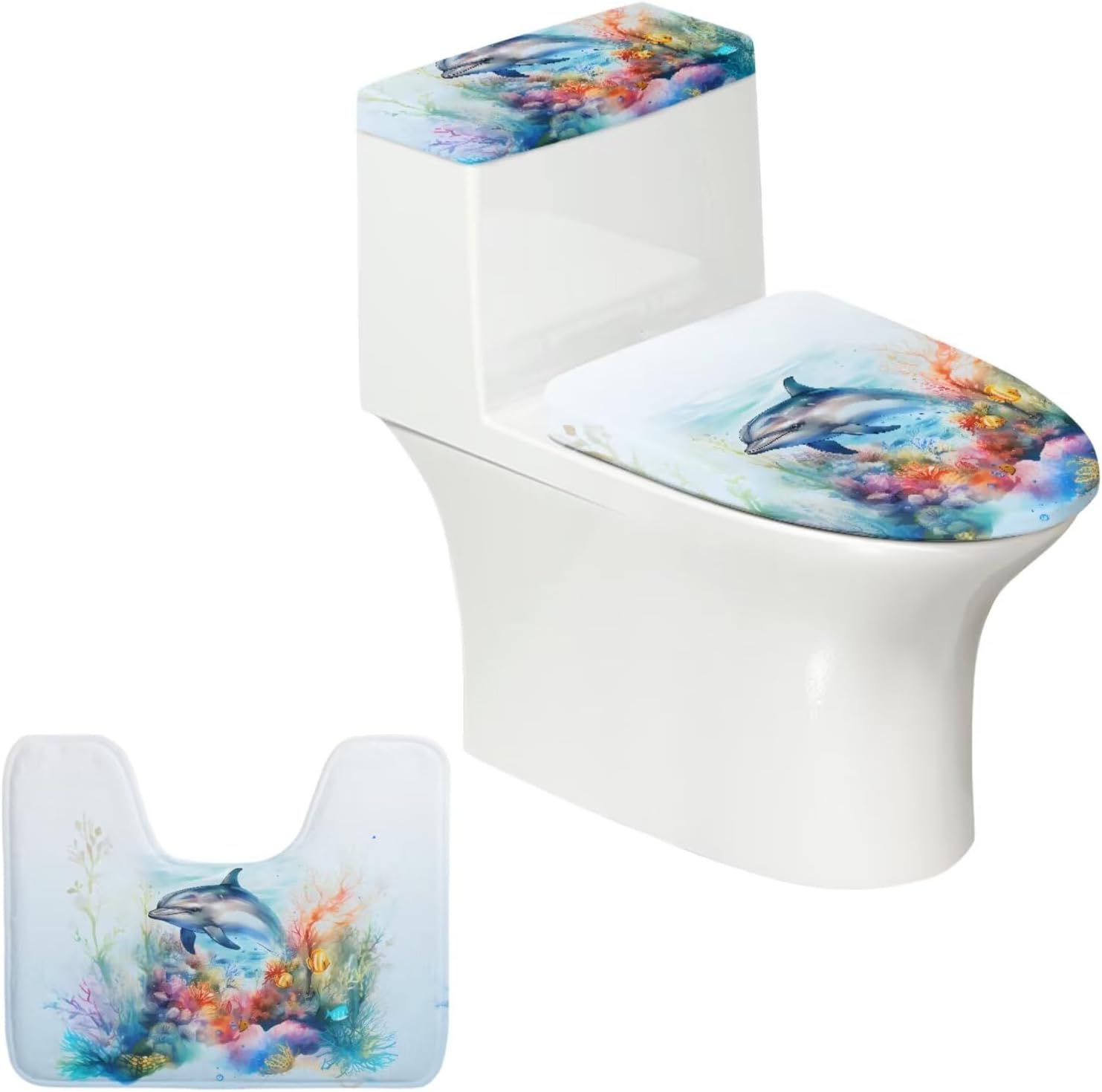 Blue Whale Toilet Lid Cover and Rug Set of 3 Piece Bathroom Mats Set with Toilet Seat Cover Tank Cover Set Bath Mat U-Shaped Contour Toilet Rug Non Slip