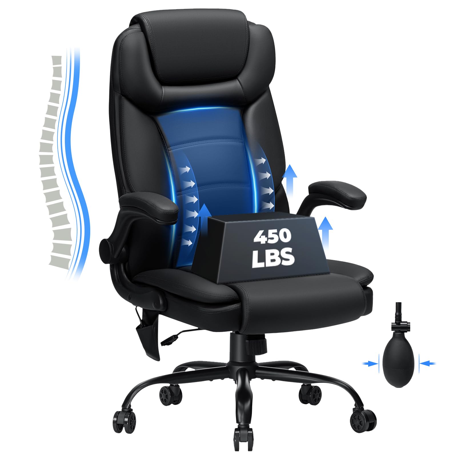 Executive Office Chair Big and Tall 450lbs Heavy Duty Office Chair with Adjustable Lumbar Support High Back Ergonomic Home Computer Leather Chair with Padded Flip-up Arms for Heavy People,Black