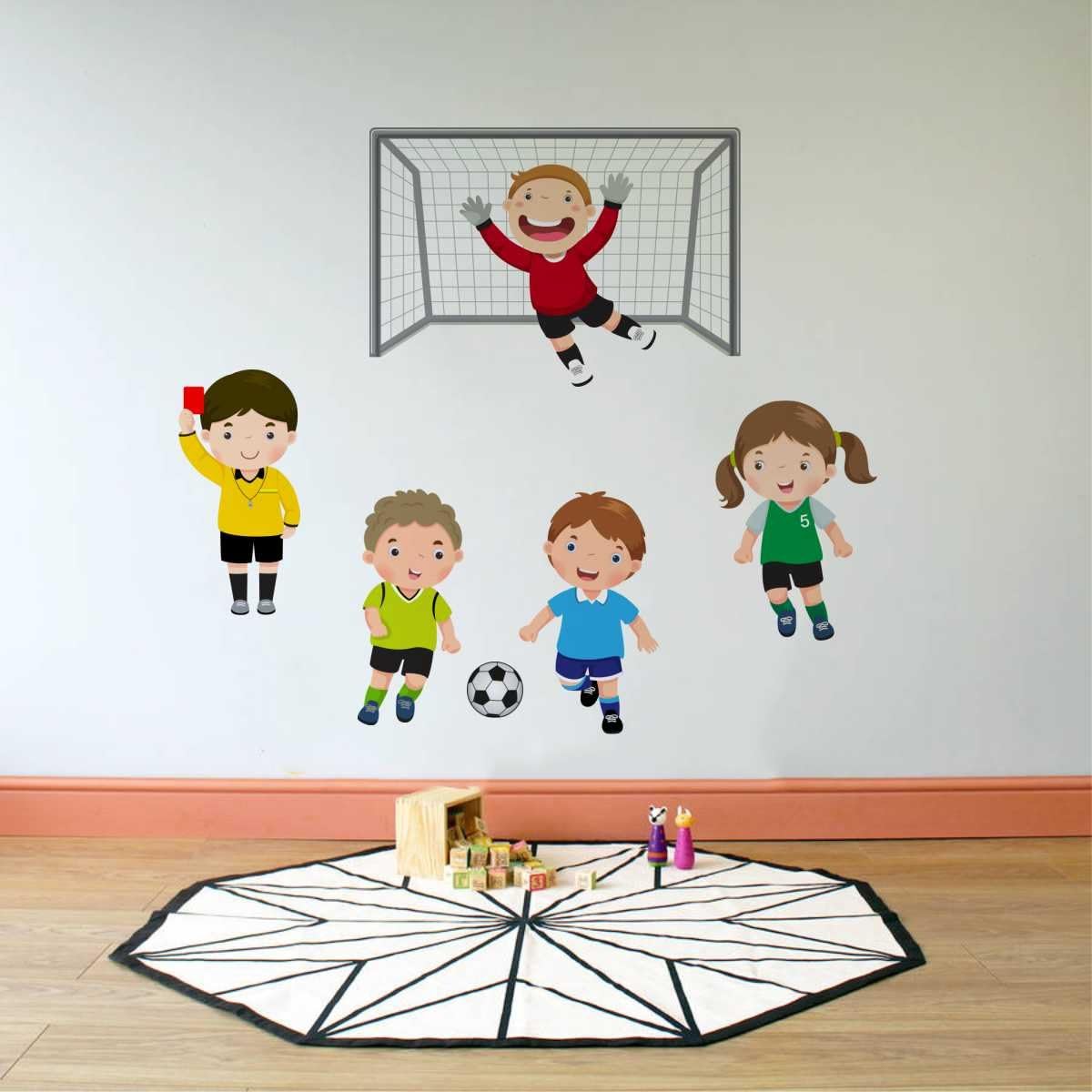 Rawpockets Decal ' Kids Play Football ' (Material - PVC Vinyl Matte Finish, Wall Coverage Area - Height 80cm X Width 100cm) (Pack of 1) Wall Sticker