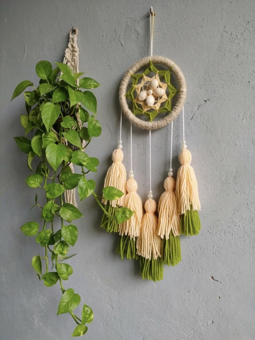 Handmade Beige (Cream) & Green Dream Catcher Wall Hanging | Boho Home Décor with Kadi, Beads & Tassels for Bedroom & Living Room | Length 12 Inch, Ring Diameter 4 Inch-image-21