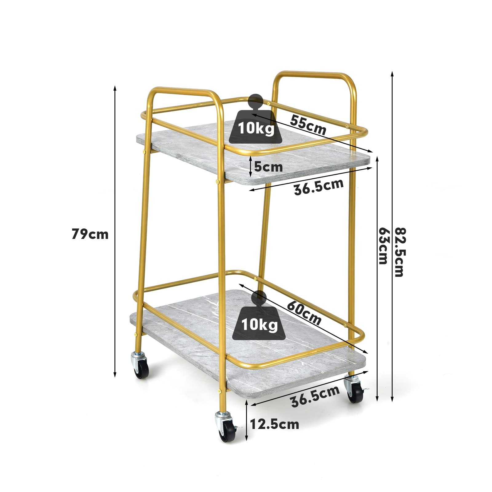 COSTWAY Keukenwagen met universele wielen, barwagen, rolwagen, 2 planken, mobiele serveerwagen, huishoudwagen met stalen frame, multifunctionele wagen voor thuis, restaurant, universele wagen, badwagen, grijs goud