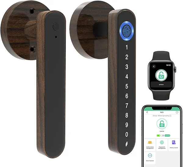 eLinkSmart Fingerprint Knob Lock Wood Grain Metal Door Lock Lever Digital Keyless Entry Door Knob Fingerprint Handle Door Lock for Bedroom, eSmartLock App, Support Phone & iOS Watch