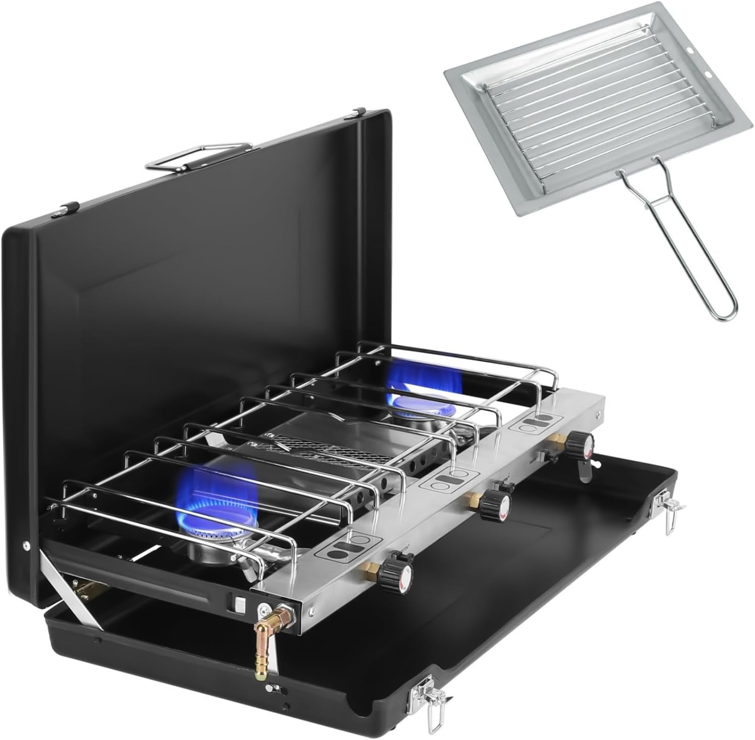 3-burner propane camping stove, portable camping grill with windproof board and adjustable instant ignition, built-in handle, used for camping, outdoor gathering barbecue, picnic (black 20500BTU)