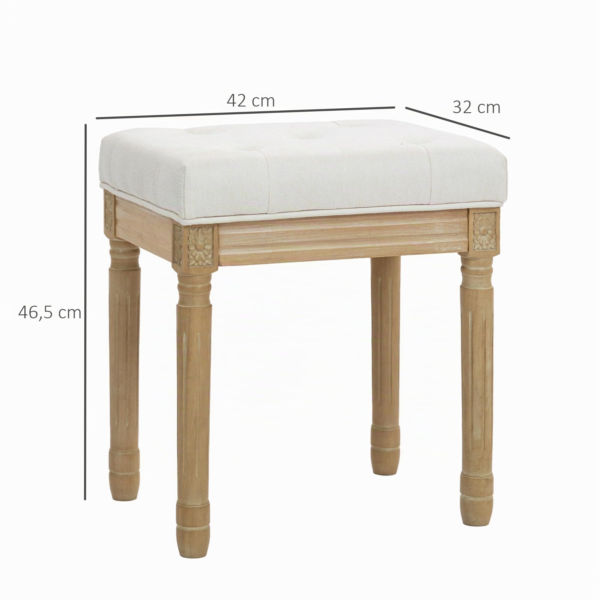 HOMCOM Reposapiés Salón Rústico Tapizado para Dormitorio Sofá Beige | Taburete Bajo, Lino Sintético, Patas Talladas de Madera, Otomana
