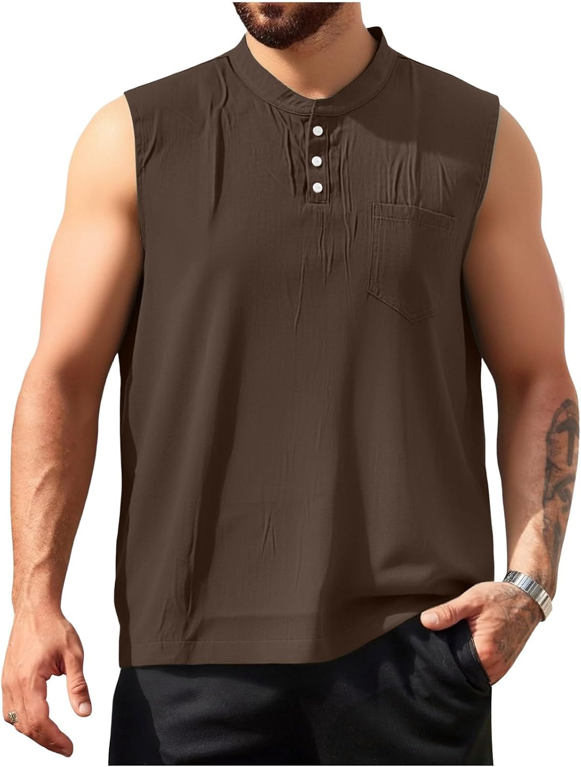 Men Cotton Linen Henley Shirt Casual Sleeveless Summer T Shirt Pocket Button Tee Top Workout Beach Hippie Shirt