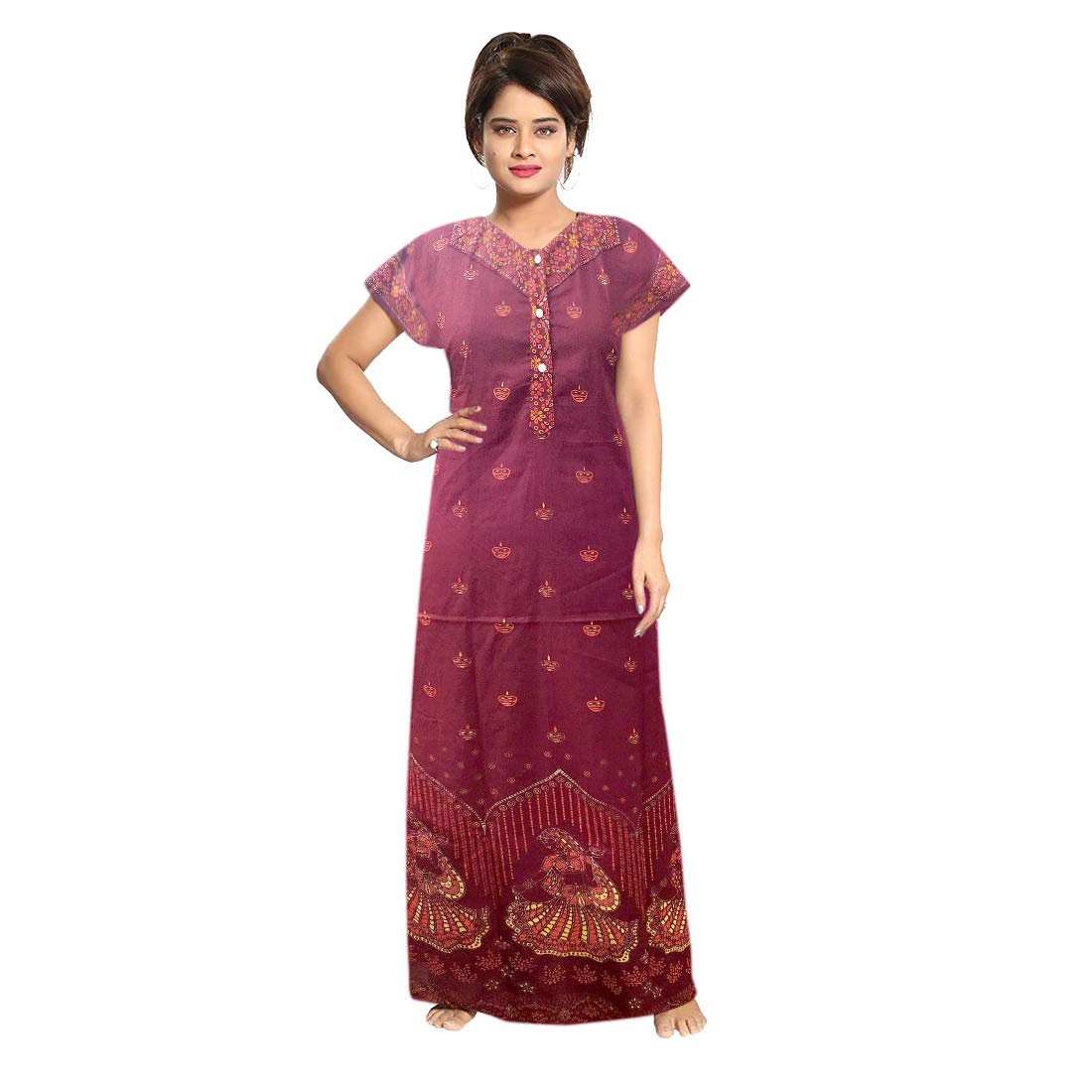 Generic Women's Cotton Printed Maxi Nighty (GSR-NTY-Diya102-Maroon_Maroon_Free Size)
