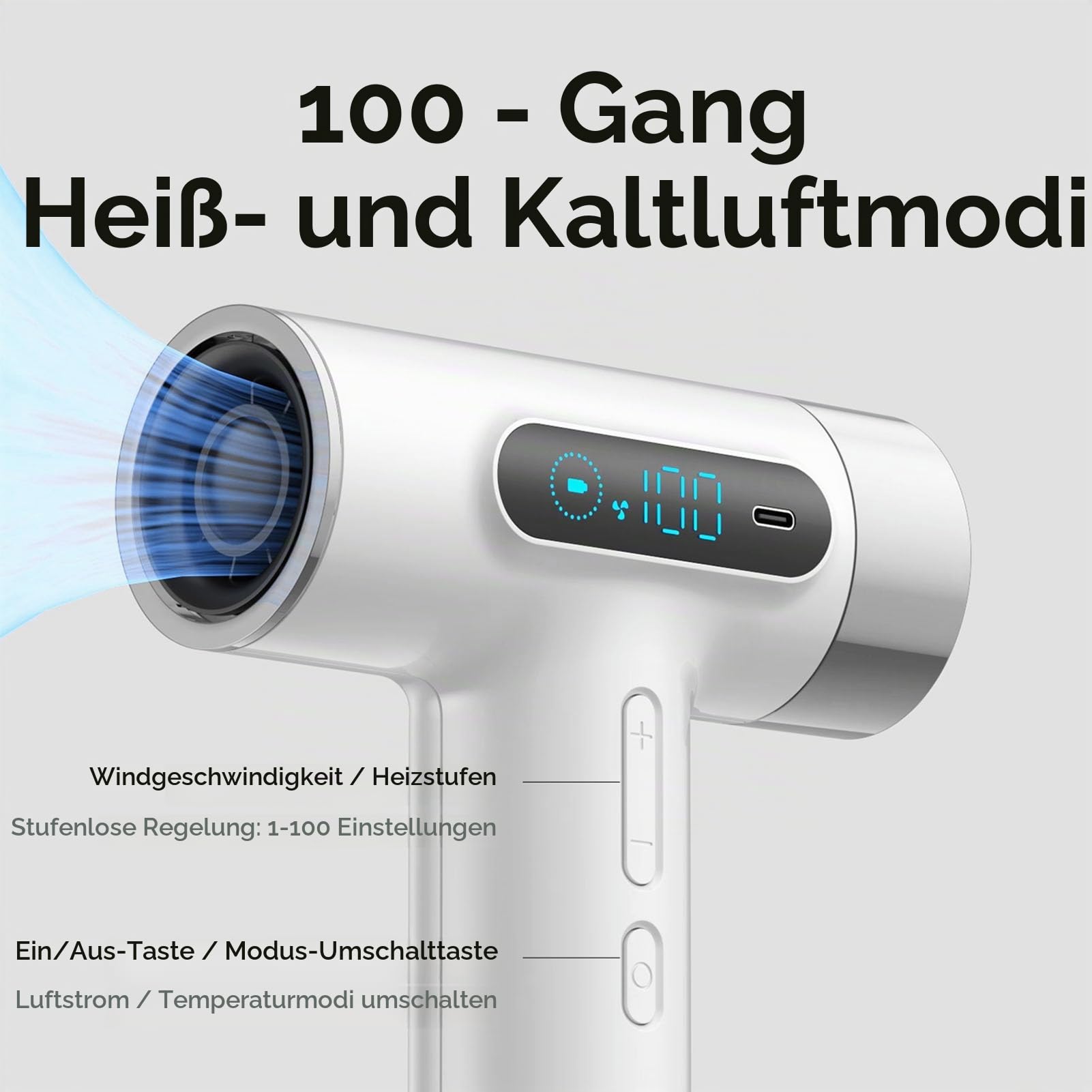 Gonetre 300 W Kabellos Fön, Tragbarer Haartrockner Wiederaufladbar Usb C Batterie Haartrockne Mit Düse ReiseföHn Abs Heiß/Kaltluft Leiser Für Zuhause,Reisen Wohnheim Schnelles Trocknen