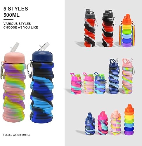 Miniatura 8 de Paquete de 2 botellas de agua plegables de silicona, a prueba de fugas, portátiles de 16 onzas, expandibles, vasos deportivos con popote, sin BPA,