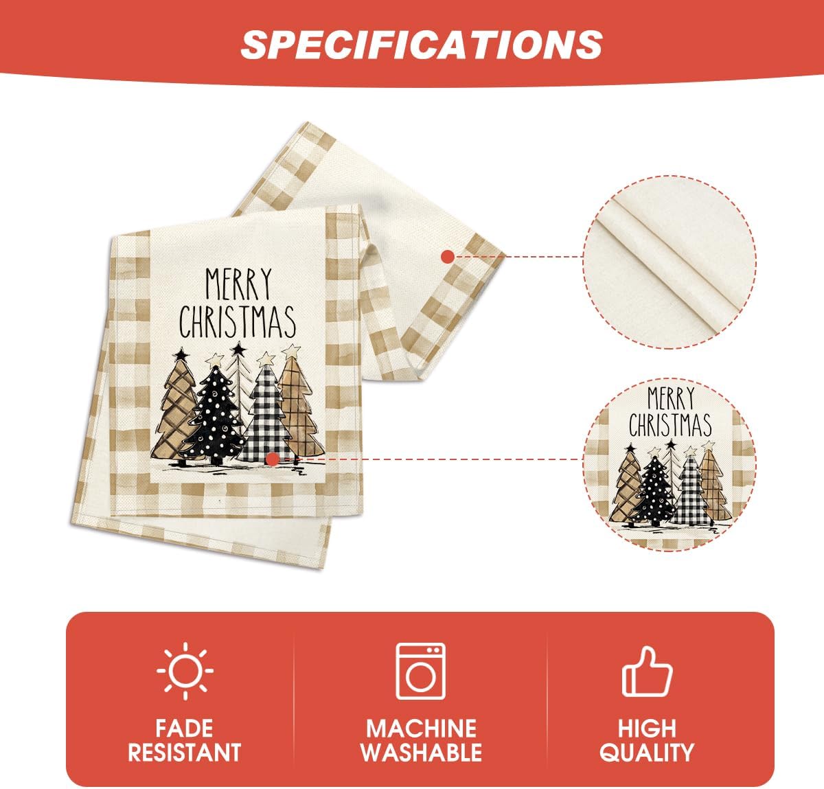 Artoid Mode Brown Buffalo Plaid Xmas Tree Merry Christmas Dish Towels 18x26 Inch 2 pcs and Table Runner 13x72 Inch,Kitchen Dining Table Decoration for Outdoor Home Party Decor