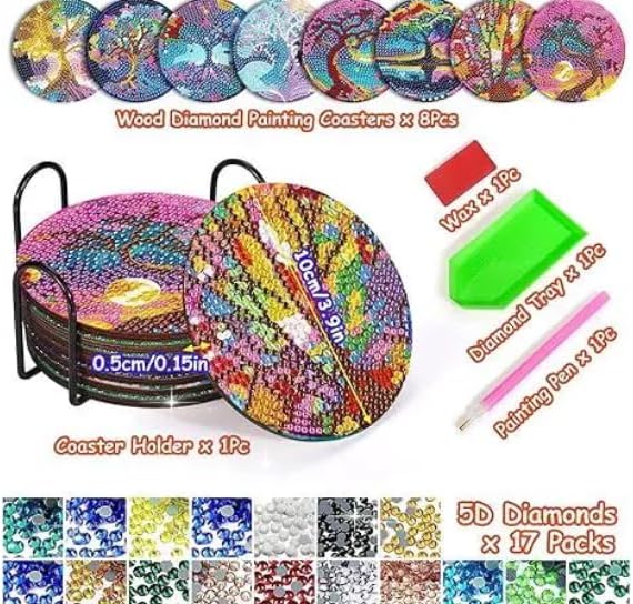 Syntego 8pcs 5D Diamond Painting Coasters Fantasy Tree of Life Coasters DIY Colourful Diamond Coasters Kit with Holder