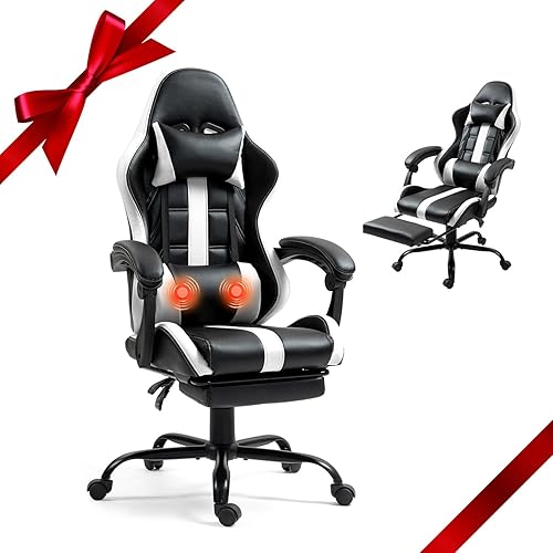 ECOTOUGE Massage Gaming Chair, Video Game Chair with Footrest, Ergonomic Computer Chair with Headrest and Massage Lumbar Support, Height Adjustable High Back Office Desk Chair with 360° Swivel, White