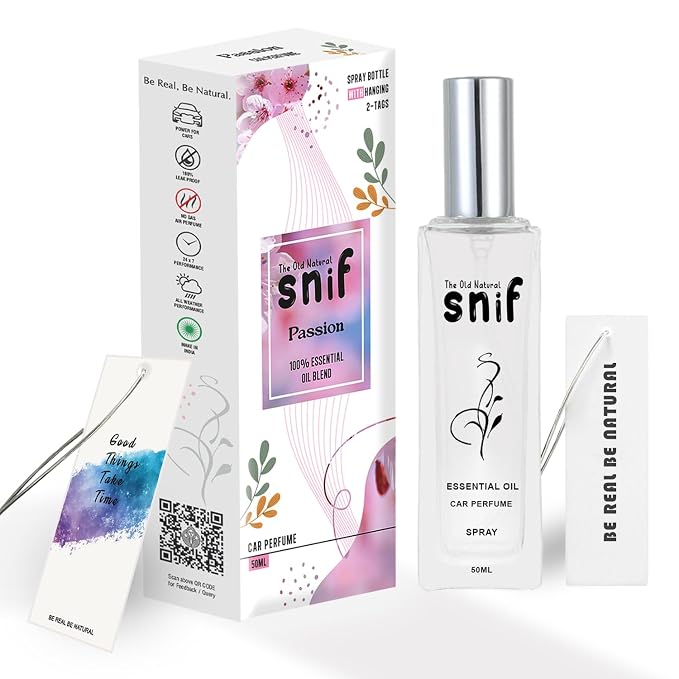 Spray Car Perfumes with Essential Oils Fragrance in Glass bottle with 2 Hanging Tags | Car Air Fresheners 50ml (Passion)