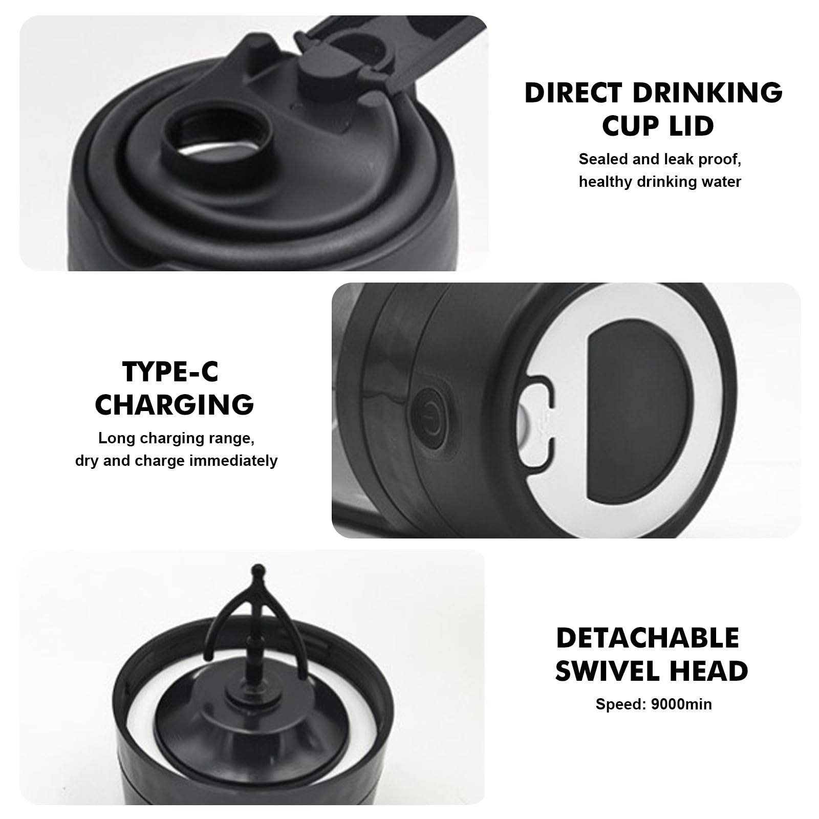 Frullatore elettrico per proteine, frullatore elettrico per albumi, misurino USB da 600 ml, potenti bottiglie da mix, misurino portatile, miscelatore USB C ricaricabile per sport e fitness (Nero)