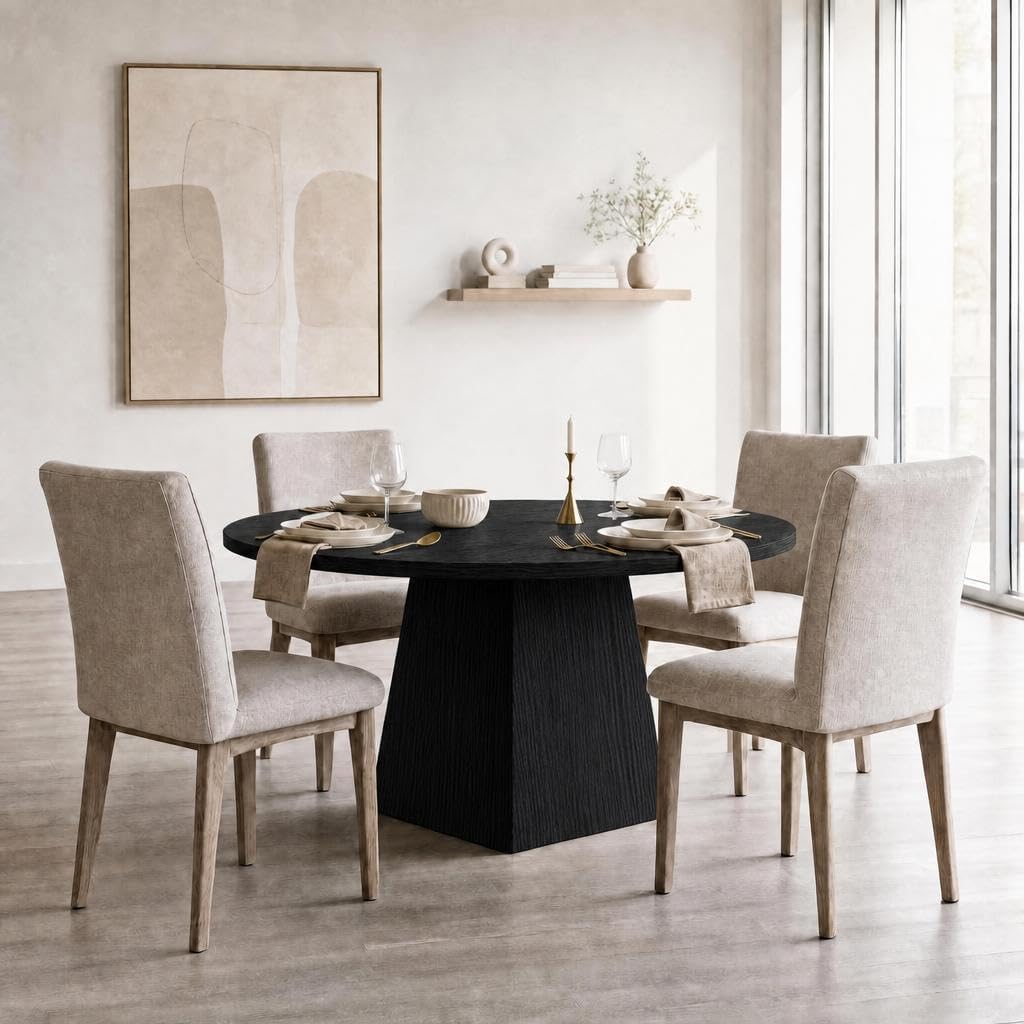 GarveeHome Table à Manger Ronde 47" pour 4-6 pers, Plateau épais 1,18", Base carrée Stable, Style Moderne Farmhouse, idéale Petits espaces - Noir gaufré