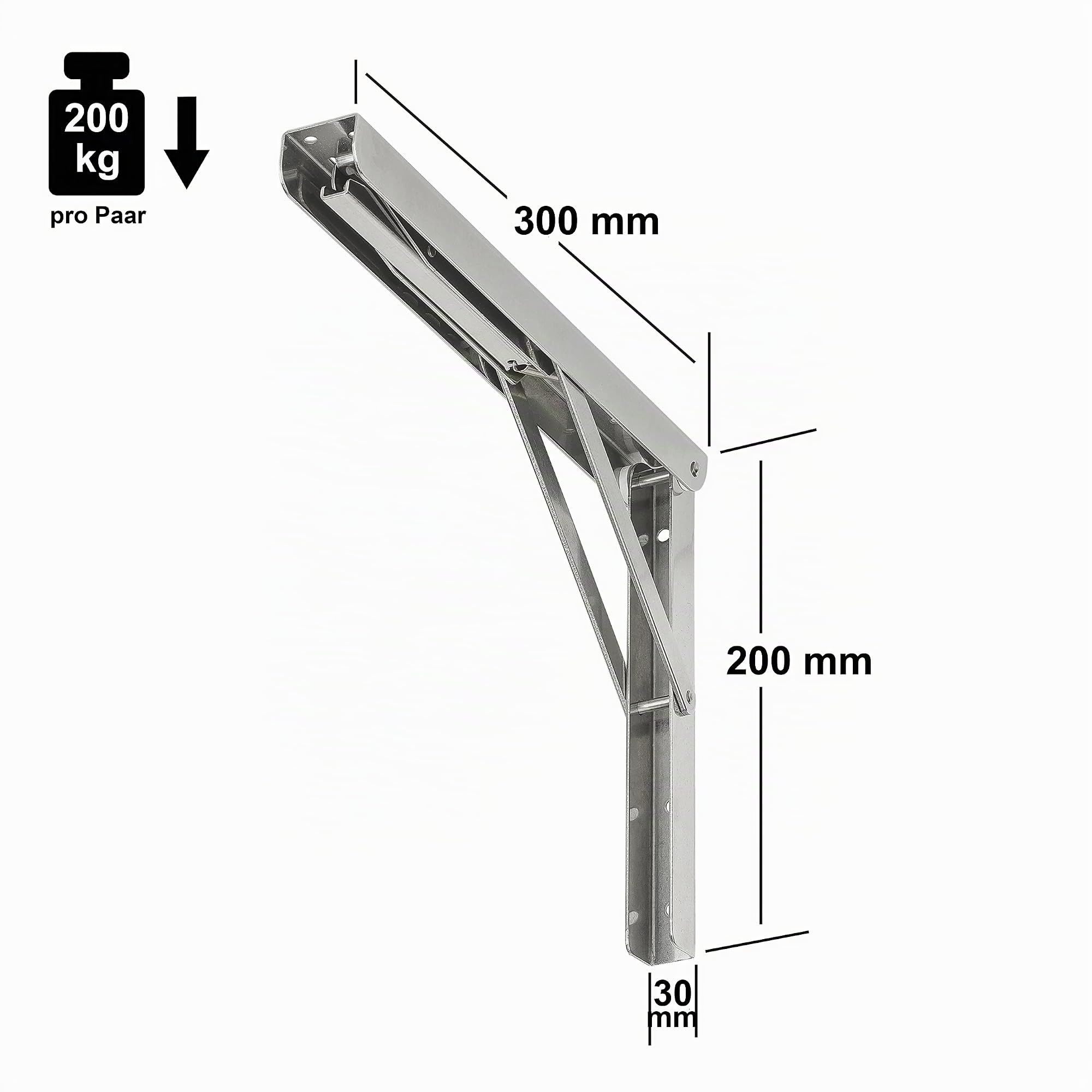 VORMANN Klappträger Klappkonsole Klappwinkel Verstellwinkel Regalträger | Traglast 200 kg | Edelstahl V4A | witterungsbeständig | 2-teiliges Set, Größe: 300 x 200 x 30 mm | Made in Germany