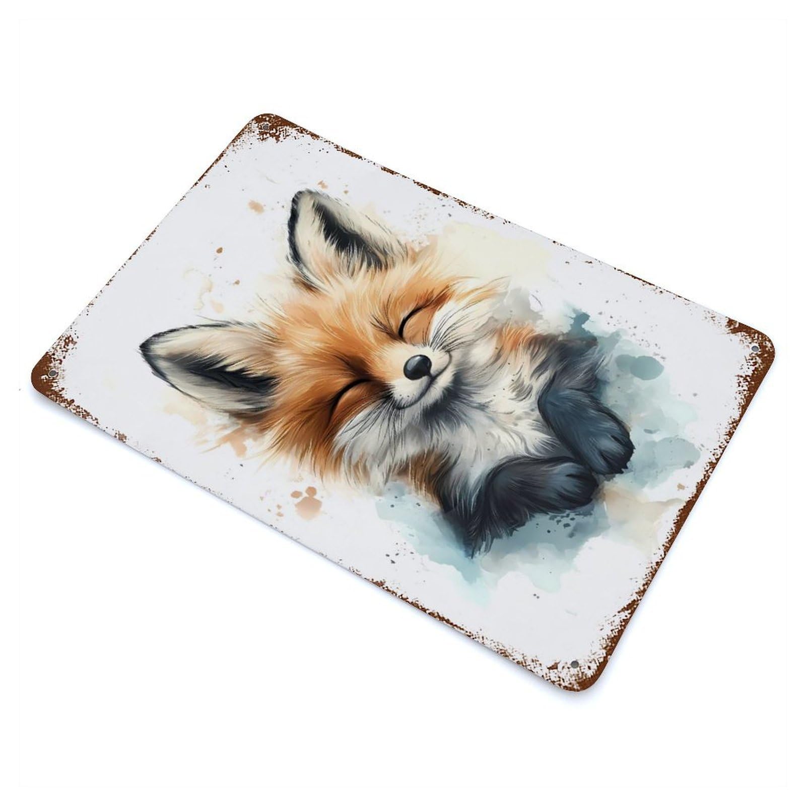 Cute Smiling Fox Watercolor Vintage Rust Metal Sign 11.8"x7.9", Classic Wall Plaque for Basement, Hobby Room And Garage Decor