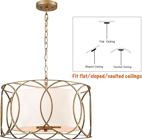 Miniatura 6 de HYDELITE Lámpara colgante de tambor de latón con 3 luces para mesa de comedor con difusor de lino blanco
