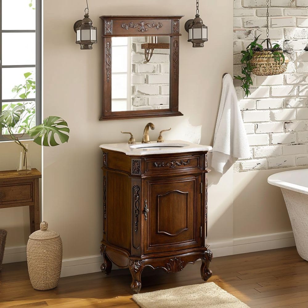 Benton Collection 24 Inch Debellis Bathroom Vanity with Matching Mirror, Antique Traditional Style, White Stone Top, Single Sink, 1 Cabinet, Fully Assembled