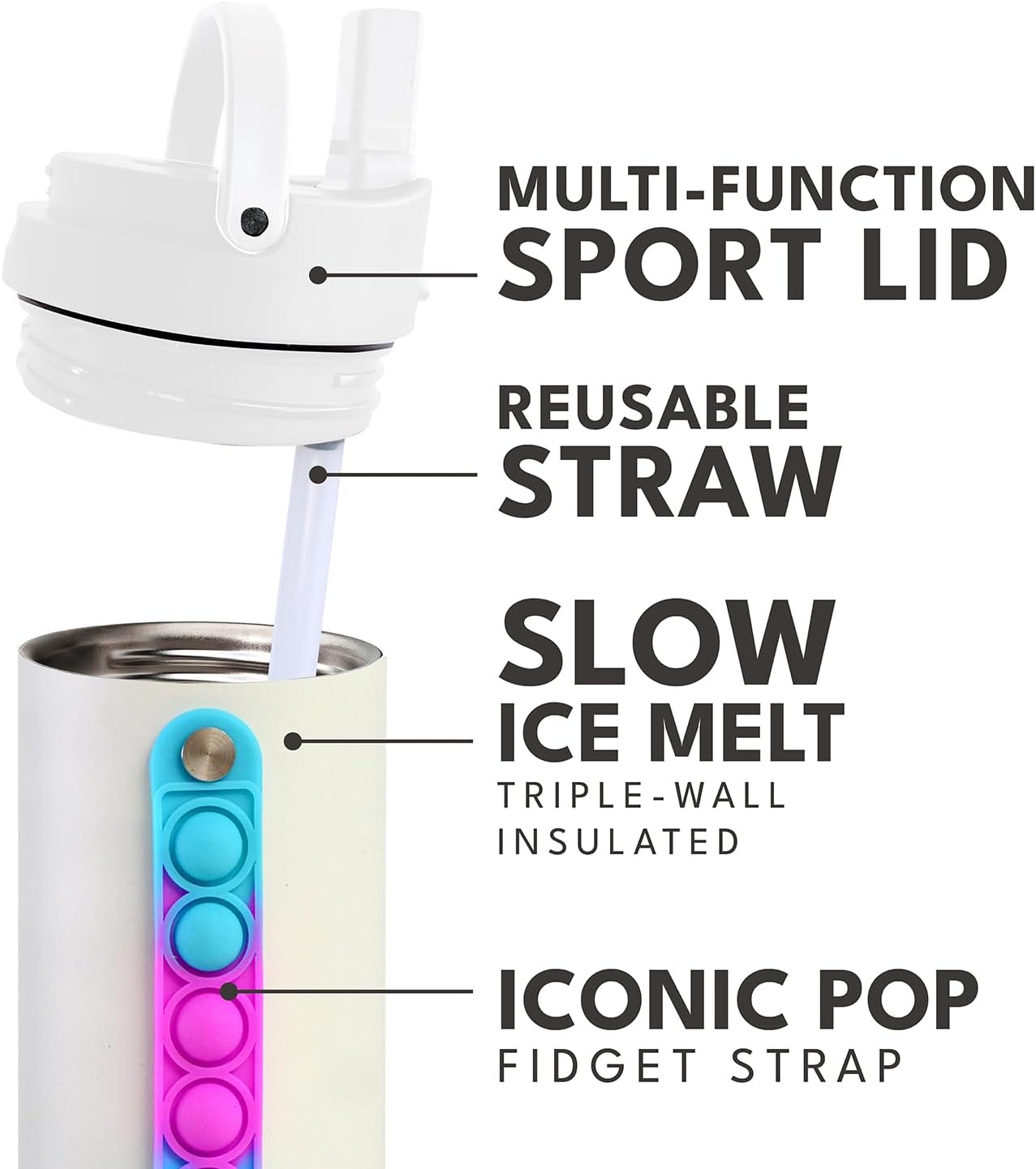 Elemental Iconic Kids Water Bottle for School - 100% Leak-Proof Insulated Water Bottles with Straw Lid & Pop-It Handle for Boys & Girls - Triple-Wall Insulated & BPA-Free, 20oz – White Tie Dye - Image 6