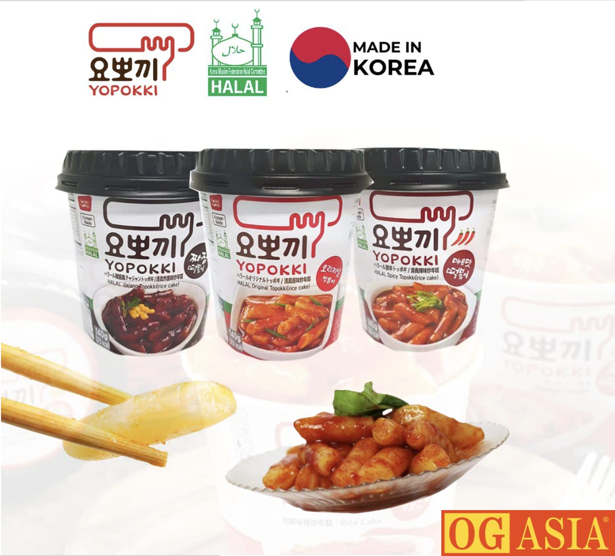 Yopokki - Juego de 3 pasteles de arroz mezclados en vaso, Coreano Instant Rice Cake Cups - Top 3 pasteles de arroz coreanos - Picante y dulce y frijoles negros - OG ASIA - 400 g