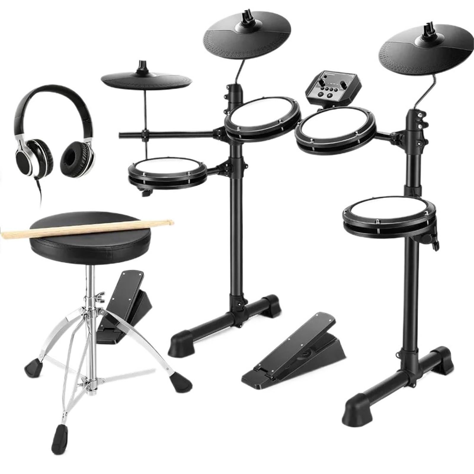 Kit Set de Batería Electrónica Equipado Con 4 Tapetes De Malla Silenciosos Más De 180 Sonidos 2 Pedales Auriculares Throne Y Un Tambor Electrónico Tipo Baqueta