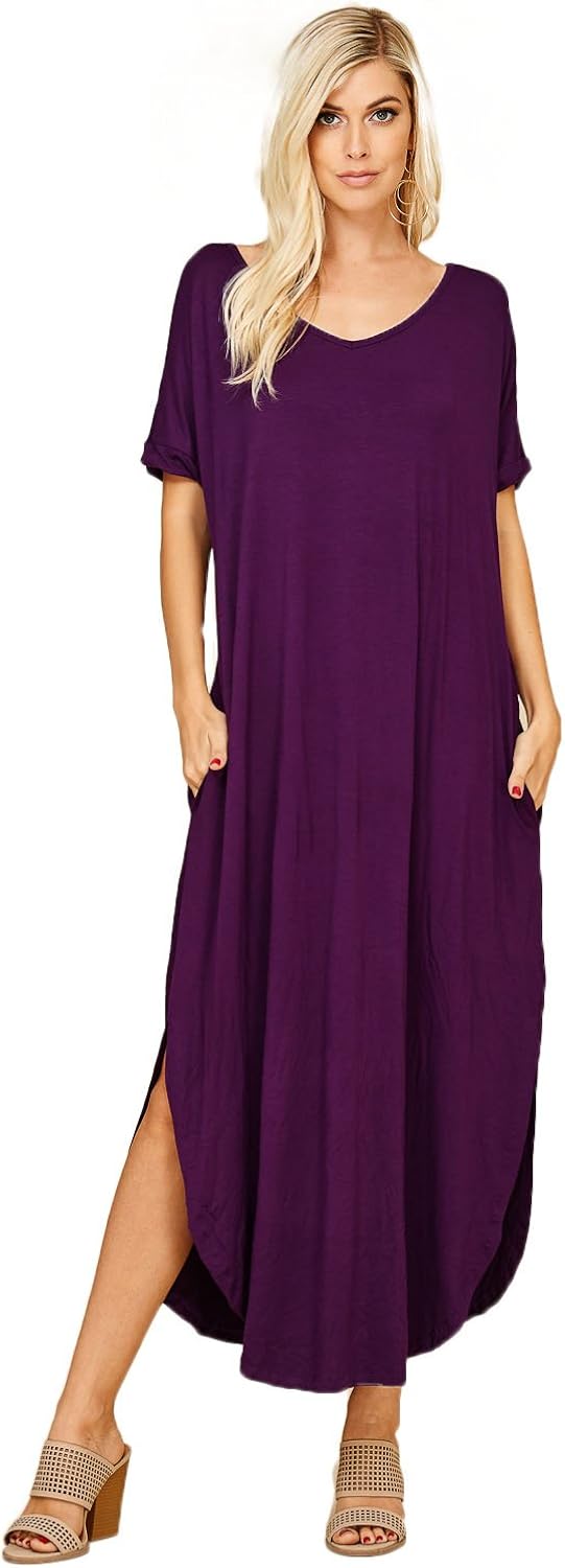 Annabelle Women's V Neck Short Sleeve Split Long Maxi Dresses with Pockets